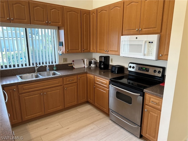 kitchen featuring sink, stainless steel range with electric stovetop, and light wood-type flooring