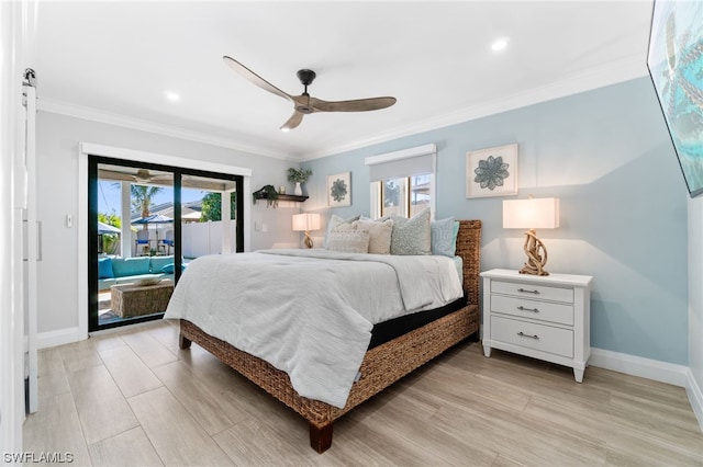 bedroom with ornamental molding, access to exterior, and multiple windows