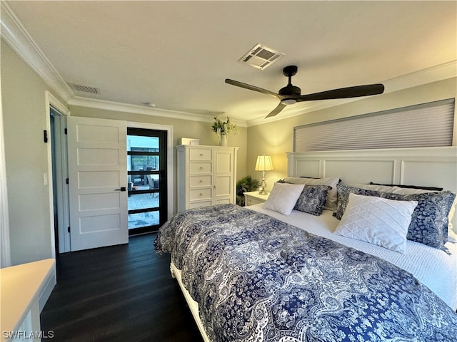 bedroom featuring ornamental molding, dark wood-type flooring, and ceiling fan