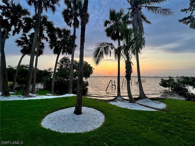 view of property's community featuring a water view and a yard