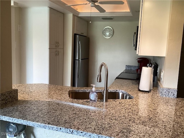 kitchen with ceiling fan, sink, stainless steel appliances, crown molding, and a tray ceiling