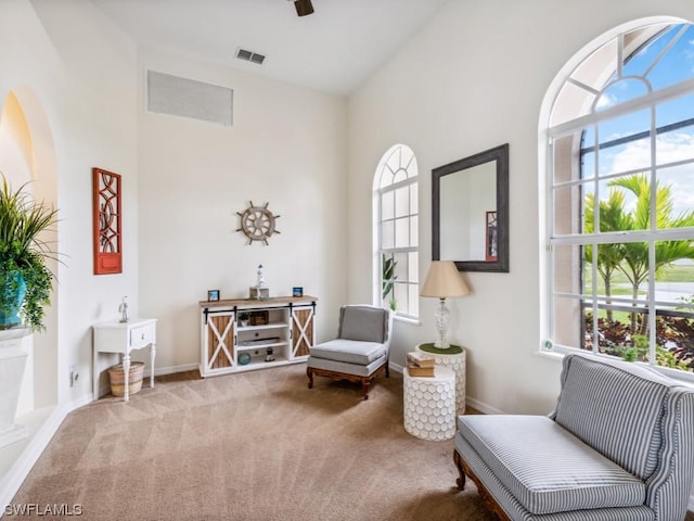 sitting room featuring vaulted ceiling and carpet floors