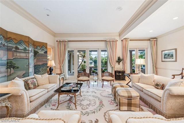 living room with french doors and crown molding
