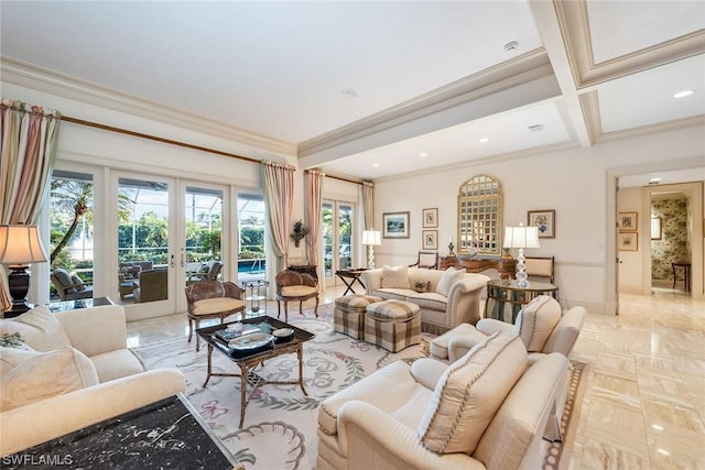 living area with beam ceiling, ornamental molding, coffered ceiling, french doors, and baseboards