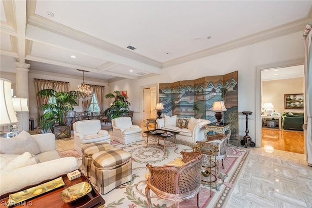 living room featuring beam ceiling, coffered ceiling, crown molding, and an inviting chandelier