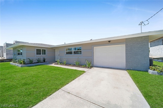 single story home featuring a front yard, a garage, and central AC