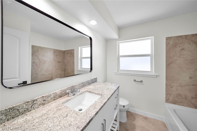 full bathroom featuring vanity with extensive cabinet space, toilet, tile flooring, and tiled shower / bath combo