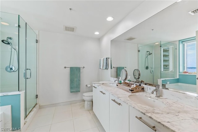3000 Oasis Grand Blvd Unit 1507, Fort Myers, FL 33916 - full bath with visible vents, double vanity, tile patterned floors, a shower stall, and a sink