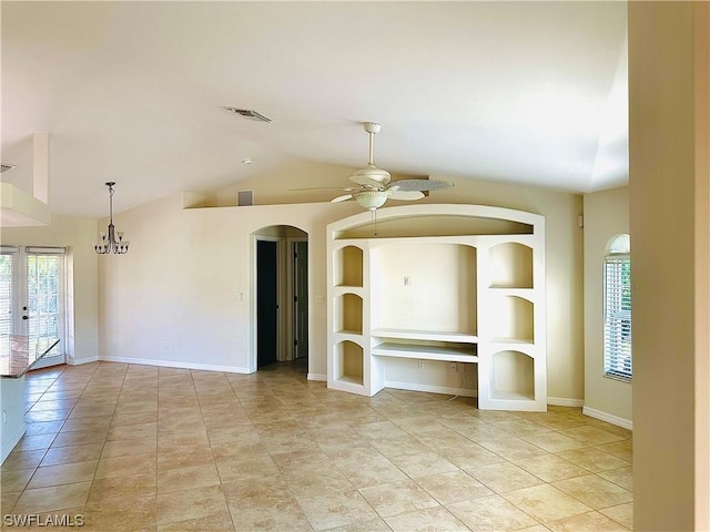 unfurnished living room featuring light tile patterned floors, ceiling fan with notable chandelier, vaulted ceiling, and built in features