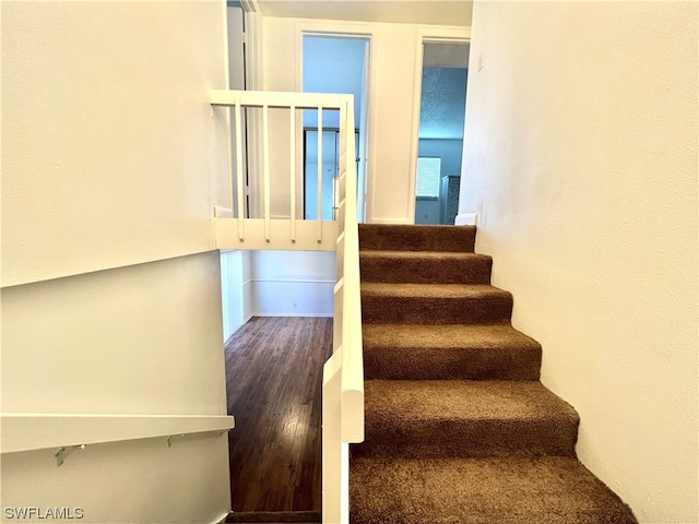 staircase with wood-type flooring