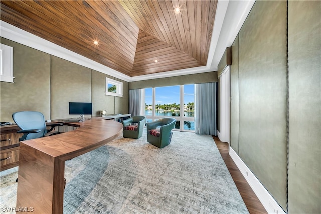 office with wood-type flooring and wooden ceiling