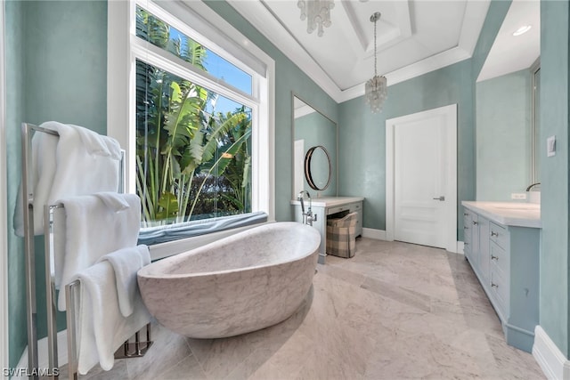 bathroom with vanity, tile patterned flooring, and a chandelier