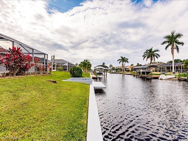 view of water feature with a dock