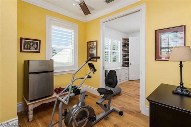 workout room with ceiling fan, light wood-type flooring, and crown molding