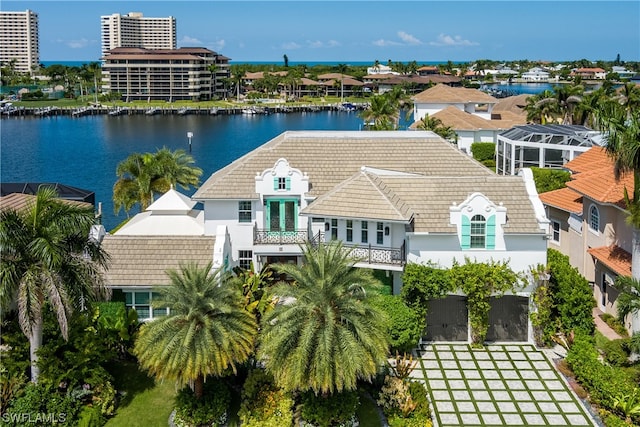 aerial view featuring a water view