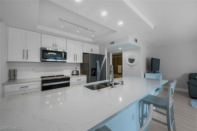 kitchen with appliances with stainless steel finishes, light wood-type flooring, a raised ceiling, and white cabinets