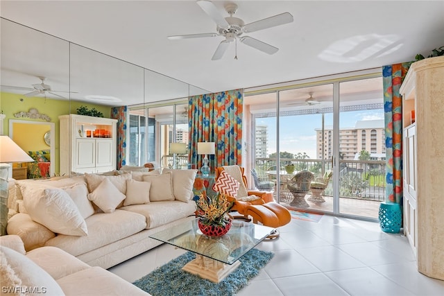 living room with tile patterned floors and expansive windows