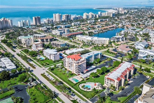 drone / aerial view featuring a water view