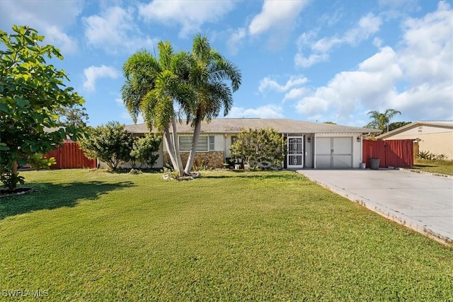 ranch-style house featuring a garage and a front yard