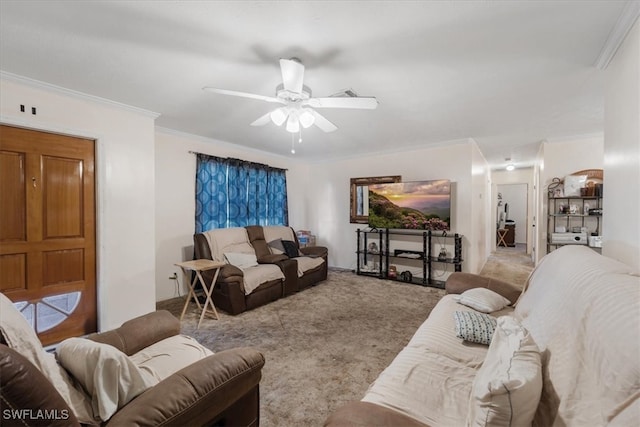 living room with light carpet, ceiling fan, and ornamental molding