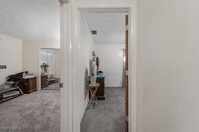 hall featuring light carpet and a textured ceiling