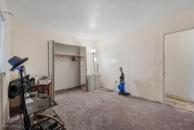 exercise area with carpet floors and a textured ceiling