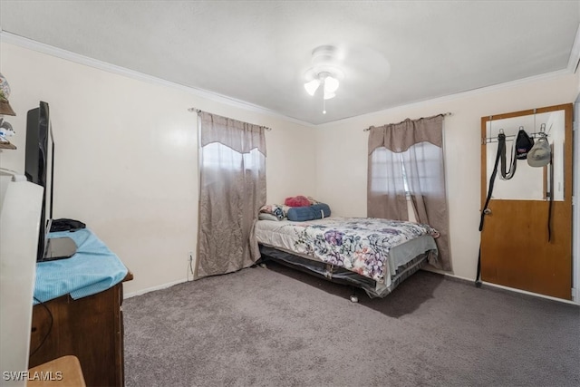 bedroom featuring multiple windows, ceiling fan, carpet, and ornamental molding