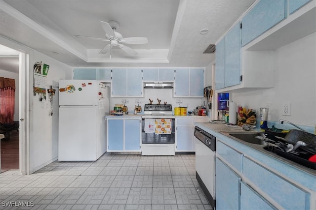 kitchen with white appliances, a raised ceiling, ceiling fan, and sink