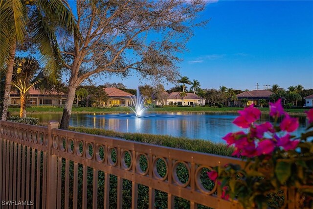 exterior space with a water view