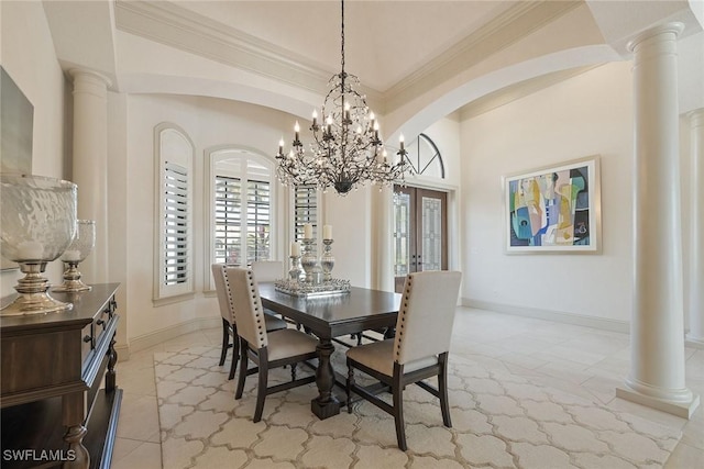 16540 Cellini Ln, Naples, FL 34110 - dining room with arched walkways, baseboards, light tile patterned floors, and french doors