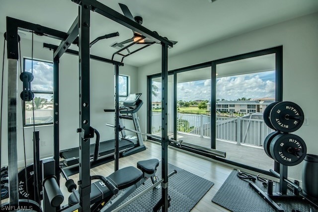 workout area featuring a wealth of natural light, a water view, and hardwood / wood-style flooring