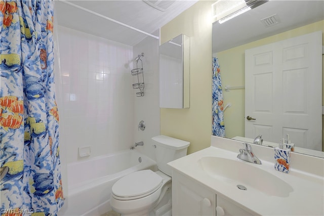 full bathroom with toilet, vanity with extensive cabinet space, and shower / bath combo