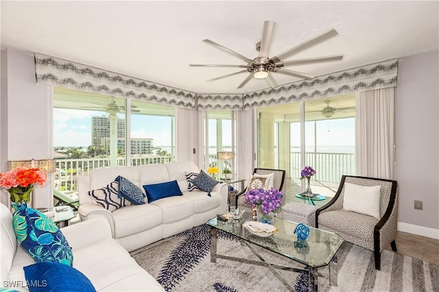 living room featuring ceiling fan