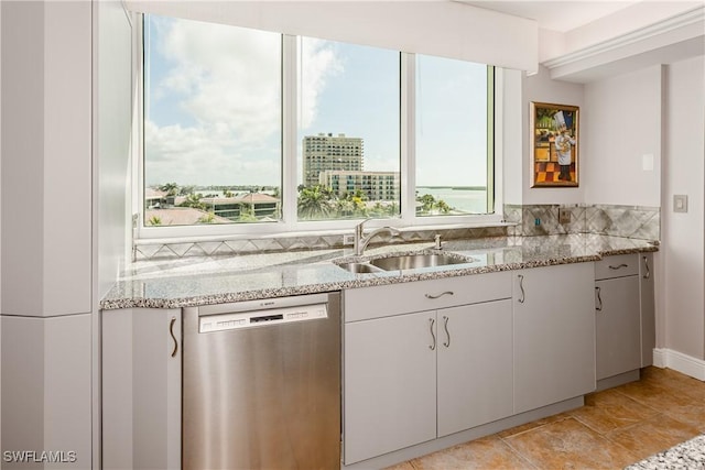 kitchen featuring light stone counters, sink, white cabinets, and dishwasher