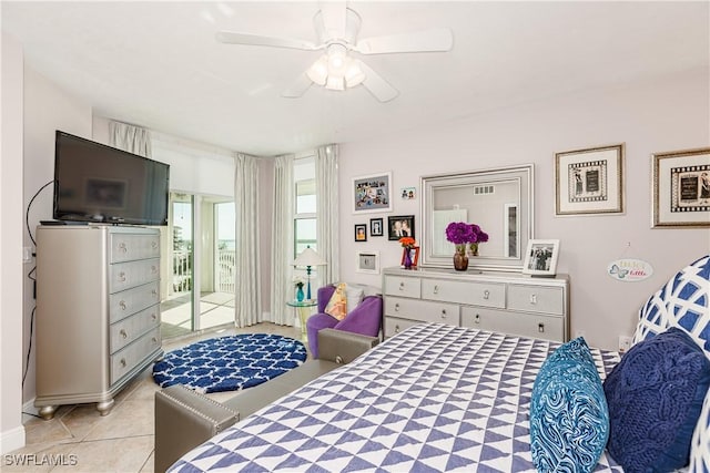 bedroom featuring light tile patterned floors, access to exterior, and ceiling fan