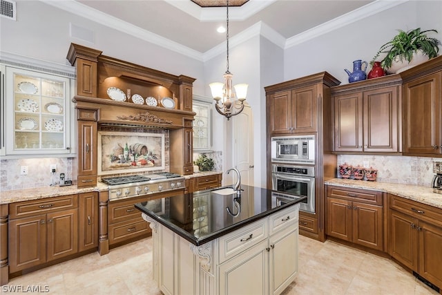 kitchen featuring stainless steel appliances, tasteful backsplash, light tile flooring, and crown molding