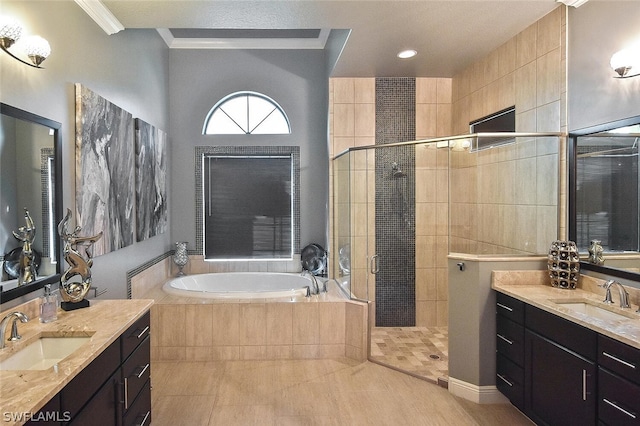 bathroom featuring vanity, plus walk in shower, tile flooring, and ornamental molding