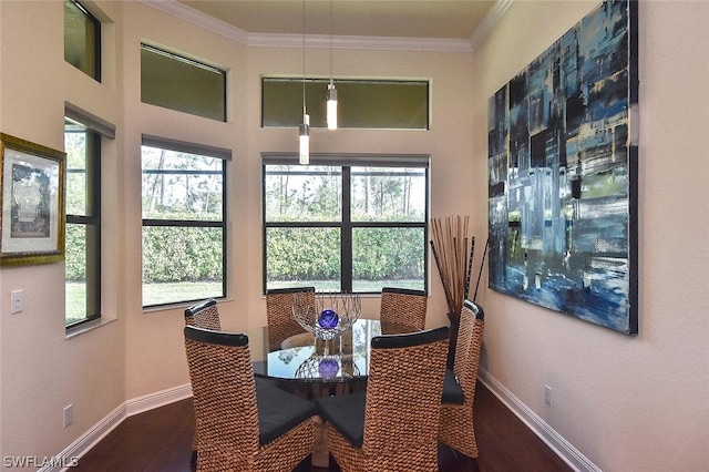 dining area with ornamental molding and dark hardwood / wood-style flooring