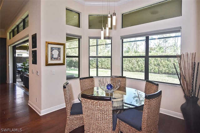 interior space featuring crown molding and dark wood-type flooring