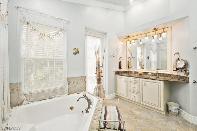 bathroom featuring vanity, tiled bath, and crown molding