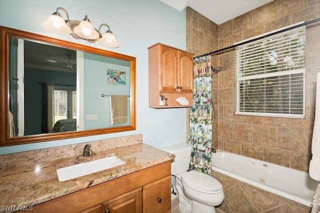 full bathroom featuring toilet, shower / tub combo, and vanity