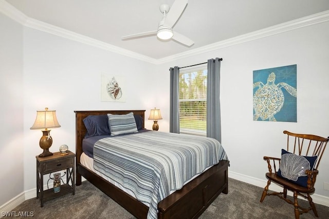 bedroom featuring dark carpet, ceiling fan, and crown molding