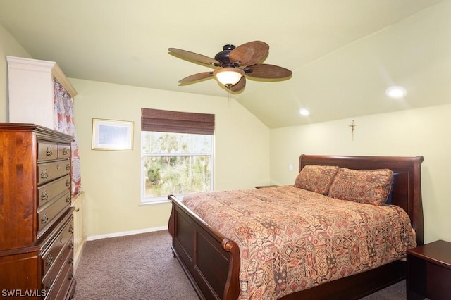 carpeted bedroom featuring vaulted ceiling and ceiling fan