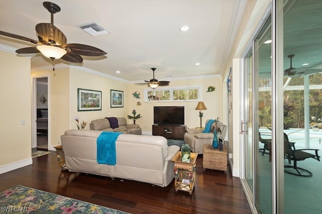 living room featuring ornamental molding, dark wood-type flooring, and ceiling fan