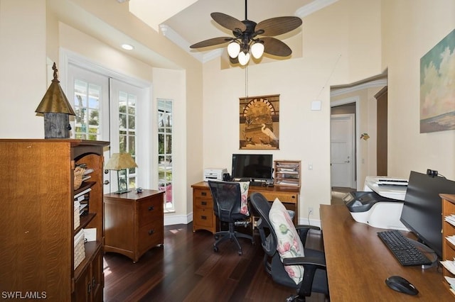 office featuring ceiling fan, french doors, and dark hardwood / wood-style floors