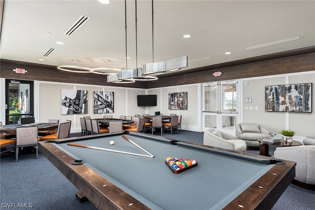 recreation room featuring pool table, dark carpet, visible vents, and recessed lighting