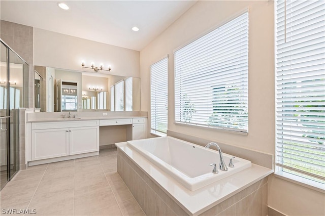 full bath featuring tile patterned floors, a garden tub, vanity, a shower stall, and recessed lighting