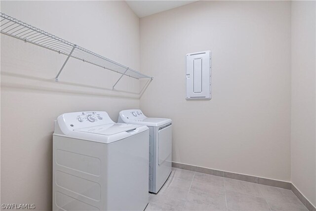 laundry room featuring laundry area, separate washer and dryer, electric panel, and baseboards