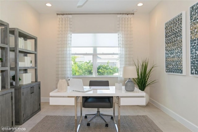 office featuring light tile patterned floors, recessed lighting, and baseboards