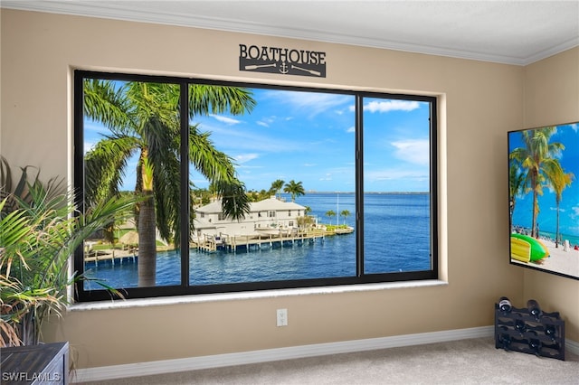 interior space featuring a water view, carpet flooring, and ornamental molding